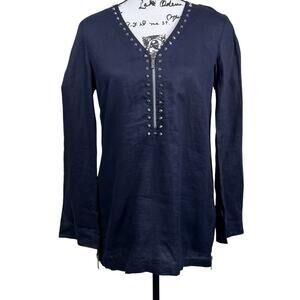 Michael Kors 100% Linen Black Shirt Studded zip Top Blouse Sz Small